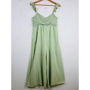 Mittoshop Smocked Crop Jumpsuit Ruffle Strap Wide Leg Casual‎ Green Large Green
